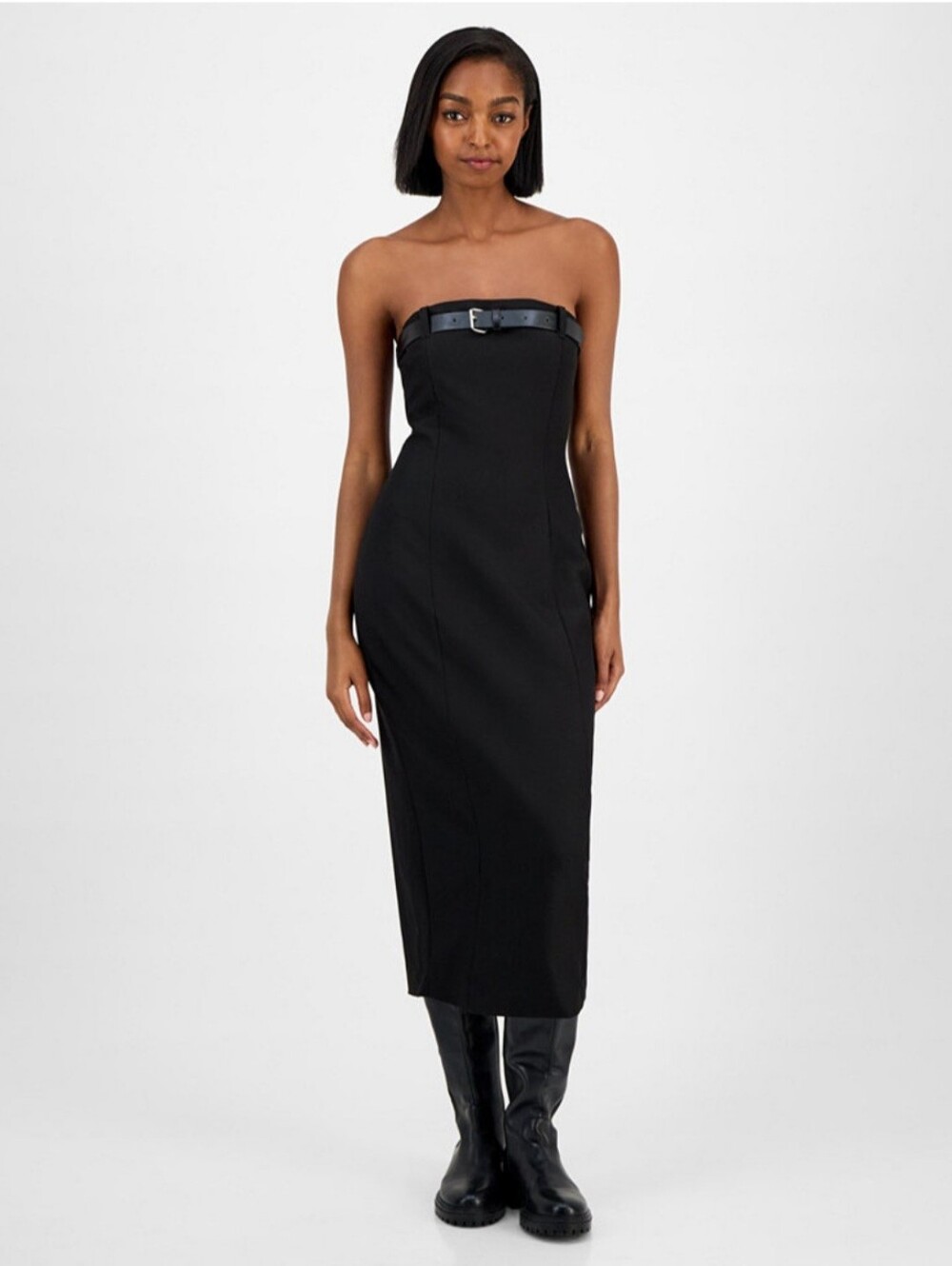 Bar III Women's Belted Strapless Black Midi Dress Size XXS NWT